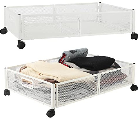 MISNODE Unterbett-Aufbewahrungsbehälter unter dem Bett, 2 PCS Aufbewahrungsbehälter mit Rädern, werkzeuglose Montage, Metall, Unterbett-Aufbewahrungs-Organizer, Schublade für Schlafzimmer, weiß