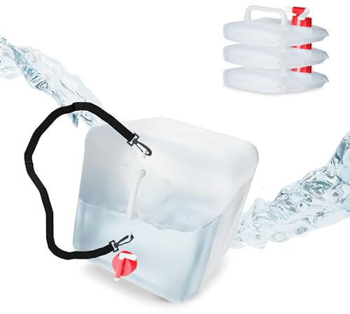 Relaxdays Pack 4 Bidones Plegables 20 L, Garrafas Agua Grifo y Correa, Depósitos Líquidos sin BPA, Transparente/Rojo