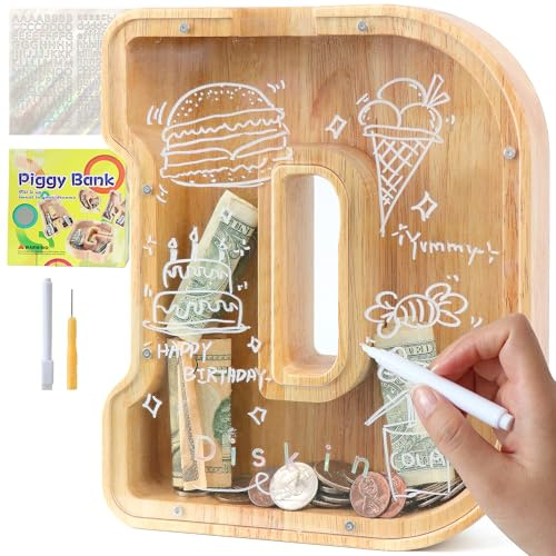 Lakpopya Spardose Kinder Jungen, Personalisiert Holz A-Z Sparschwein | Durchsichtig Buchstabe A-Z Sparbüchse für Kinder Mädchen Erwachsene mit Aufklebern und Filzstift, Taufe Geschenk Dekoration