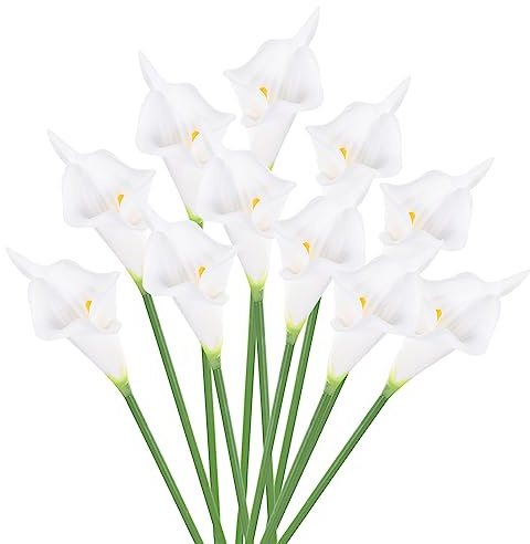 PATIKIL Flores artificiales de lirio de cala de 13 pulgadas, 10 tallos de flores permanentes de imitación para decoración del hogar, centro de mesa de boda, color blanco