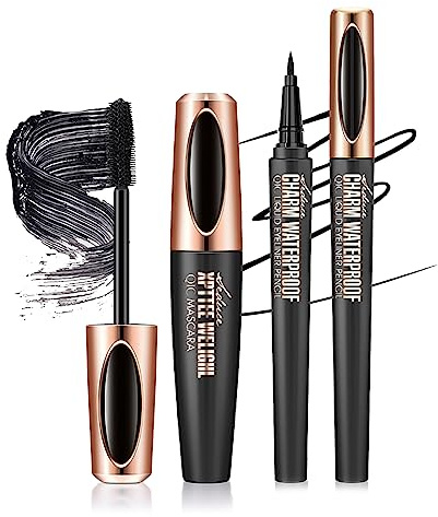 Mascara und Eyeliner Schwarz, MKNZOME 4D Mascara Volumen Wimpern Eyeliner Flüssig Wimperntusche Wasserfest Augen Make Up Geschenk für Frauen und Mädchen