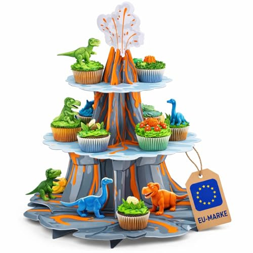 Tortenständer * DINOSAURIER * als Tischdeko für Kindergeburtstag oder Dino Mottoparty | 30x40cm groß, 3D-Design, stabile Papp-Ausführung | Kuchenständer Muffins Muffinständer Etagere Tischdeko
