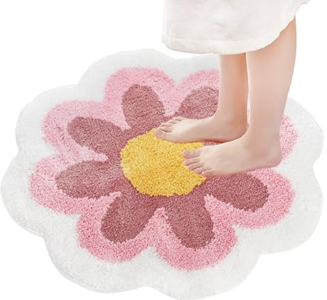 Cididu Cute Bath Mat Flower Shaped, Ultra Soft Bathroom Rugs Machine Washable, 61 x 61 cm Floral Water Absorbent Floor Mat, Non Slip Round Floor Carpet for Bathtub Bedroom Living Room Accessories Deco