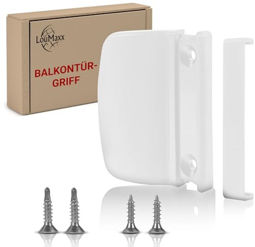 LouMaxx Maniglia per porta del balcone, colore bianco, per il montaggio salvaspazio tra porta e tapparelle, set da 2 pezzi, maniglia per porta del terrazzo, viti (nascoste), maniglia con coperchio a