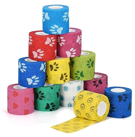 Sagafly 12 Rolls Pet Vet Wrap Cohesive Bandages for Pets Self Adhesive Bandage for Dogs Elastic Bandage Wrap Tape for Wrist Ankle Sprains & Swelling 5cm x 4.5m