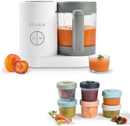 BÉABA - Babycook Néo - Robot Bébé Made in France - Mixeur-Cuiseur - Bol en Verre et Cuve Inox - Petits pots bébé maison + Lot de 6 Portions Conservation Clip, Pots empilables et emboîtables