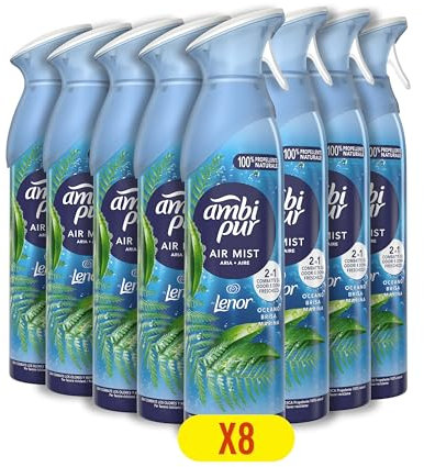 Ambipur Brisa Marina Ambientador En Spray 185ml x 8, Con Una Fragancia El Doble De Duradera Que Elimina Olores Y Deja Un Aroma Fresco Y Ligero