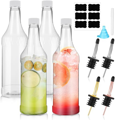 Dandat Confezione da 4 bottiglie in plastica a collo lungo con versatore e tappi, in plastica, con beccuccio affusolato in acciaio inox, per succo di liquore, 4 bottiglie e 4 versatori (multicolore)