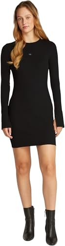 Calvin Klein Donna Abito Woven Label Rib Short Dress Maniche Lunghe, Nero (CK Black), L