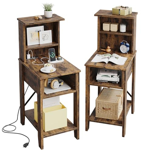 Bestier Tall Nightstand Set of 2,Bedside Tables with USB and Charging Station Type C,Storage Dresser Night Stand, Narrow Nightstand with Cabinet Side Table for Bedroom Dorm, Brown
