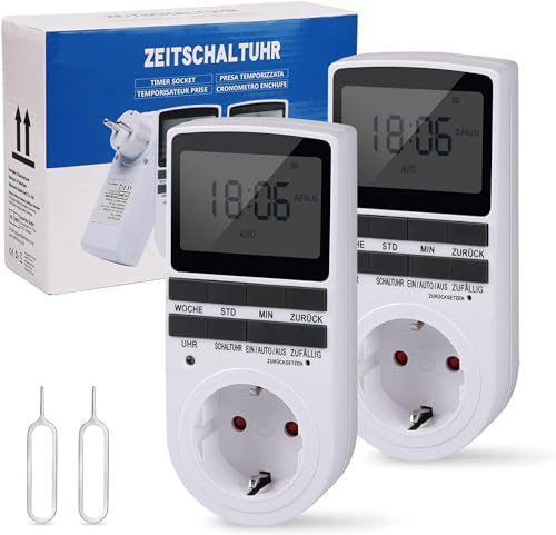 HappyGoo Nach Maß Deutsche Ausführung Zeitschaltuhr Steckdose-2 PCS | Digitale Elektrische Zeitschaltuhr Digital mit Deutsche System und Tasten | 10 konfigurierbare Programme | 12/24h Modus