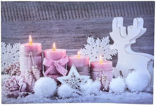 infactory LED Foto: Animiertes LED-Wandbild Kerzen mit Rosen & Rentier, 38 x 58 cm (Leinwand Bild, Kinderzimmer Weihnachtsdeko, Weihnachtsbeleuchtung)