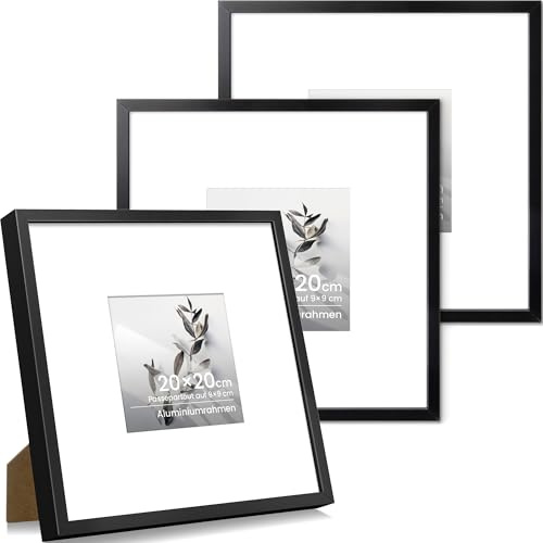 Feihorrm Bilderrahmen 20x20 Aluminium, Schwarz Quadratisch Fotorahmen Mit gehärtetem Glas, Für 20x20 cm-Fotos ohne Passepartout oder 9x9 cm-Fotos mit Passepartout, Metall Schmal Rahmen, 3 Packs