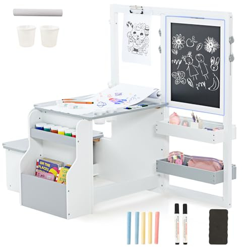HOMASIS 6 in 1 Kindertafel, Holz Kindertisch Stuhl Set mit Staffelei, höhenverstellbare Maltafel mit Kreidetafel & Whiteboard & Papierrolle, Kindersitzgruppe für Kinder ab 3 Jahren (Grau+Weiß)