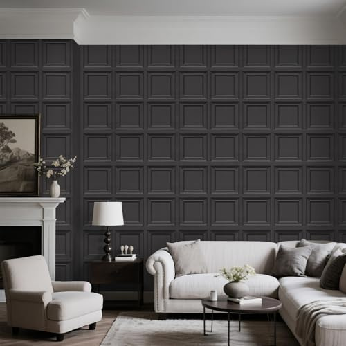 Trafagala 3D Effect Black Panel Wallpaper Wood Panelling Wallpaper Wall Panelling Textured Retro Embossed Tartan Neutral Art Deco for Living Room Feature Wall Bedroom Ceilings