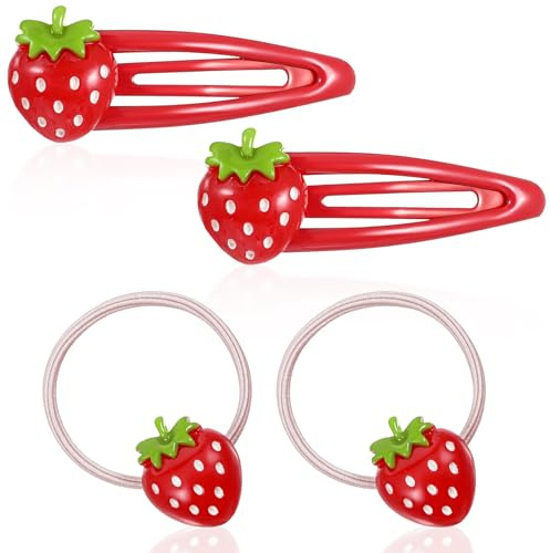 Set di 4 fermagli per capelli a forma di fragola e cravatte per capelli, in metallo rosso, fermagli per capelli a forma di frutta, graziosi, accessori per capelli a fragola, per ragazze, bambini e