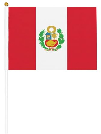 Banderas pequeñas con impresión de bandera de Perú en palo de 5.5 x 8.2 pulgadas, paquete de 10 banderas pequeñas de mano con palo de madera
