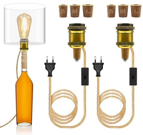 2 Stück Lampenfassung für Flaschen, E27 Metall Keramik Fassung mit 240CM Hanfseil Kabel, Bronze Flaschenadapter Lampe Flaschenlicht mit 3 Kork, DIY Flaschenaufsatz Lampe Kit für Vielfältig Flaschen