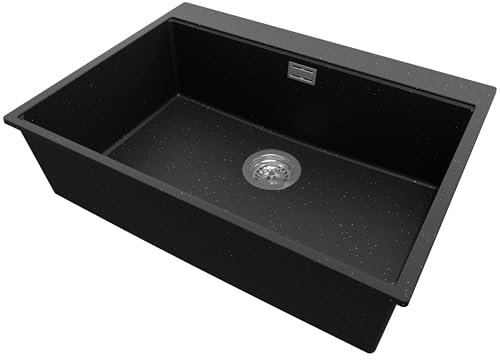 PRIMAGRAN Evier Cuisine en Granit Noir Métallisé 68x50cm, Lavabo 1 bac + Kit de Vidage, Évier à Encastrer al mueble 70cm - Oslo S184