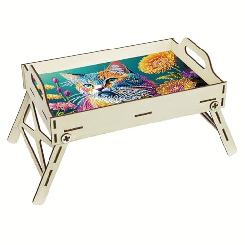 Lebartm Vassoio da portata fai da te con gambe pieghevoli Dipinto con diamanti artistici fatti a mano in legno piatto da pranzo portatile per laptop vassoio per colazione vassoio per divano letto