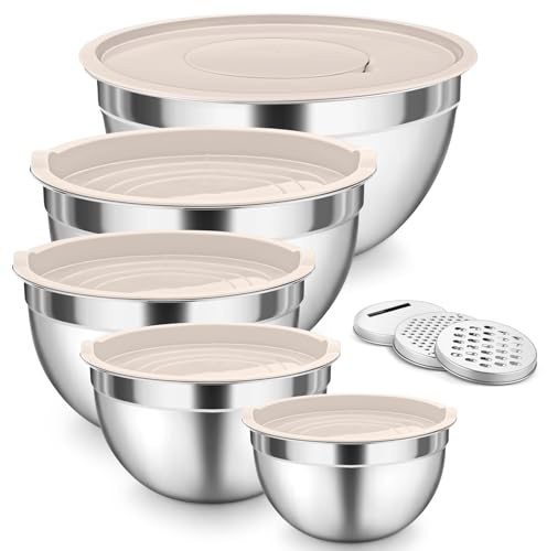 Onader Rührschüssel 5er Set, Edelstahl Schüssel Salatschüssel Sets mit Luftdichtem Deckel und 3 Reibenaufsätzen, Stapelbar & Spülmaschinenfest, Größe 4,5L /3L /1,5L /1,2L /0,7L - Khaki