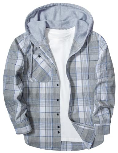 SwissWell Camicie Flanella da Uomo Manica Lunga Camicie a Quadri con Cappuccio Casual Giacca Camicia da Boscaiolo Lavoro,D133 Grigio Chiaro,L