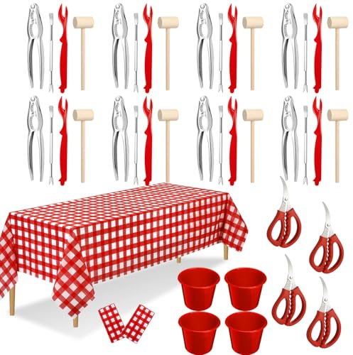 SmoothNovelty 42 Pcs Seafood Tools Set Seafood Boil Party Supplies, Tablecloth Crab Crackers Scissors Lobster Sheller Hammer Shellfish Fork Cracker Plastic Bucket for Lobster Crab Food Spring Party
