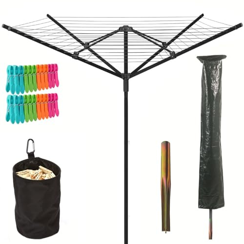 Taylor & Brown Black Outdoor Rotary Washing Line - 50m Easy Assembly 4 Arm Heavy Duty Weather-Proof, Powder Coated Finish Outdoor Clothes Dryer with Peg Bag, Cover & Ground Spike