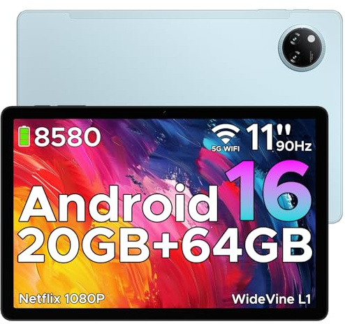 DOOGEE Tab A9+ Android 16 Tablet 11 Pulgadas, Tablet Baratas y Buenas 8580mAh, Tableta Infantil 20GB RAM+ 64GB ROM (TF 2TB), Cámara Principal 13MP, FM/Face ID/WidevineL1/OTG/GPS/Jack 3.5mm, Azul