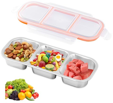 HMCEY Snackbox mit Fächern Edelstahl 600 ml,Snack Container,Picknickboxen,Snackdose mit Deckel,Snackschale Kinder Unterwegs,Wiederverwendbare Snack Behälter,Snacks Organizer Box für Süßigkeiten