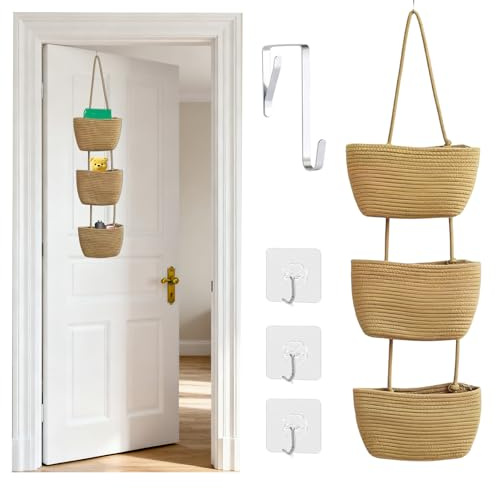 KEGOZ Wall Hanging Cotton Baskets, 3-Tier Woven Cotton Wall Basket,Woven Rope Over The Door Storage Wall Mount Hanging Cotton Baskets for Bedroom, Bathroom & Livingroom (Brown)