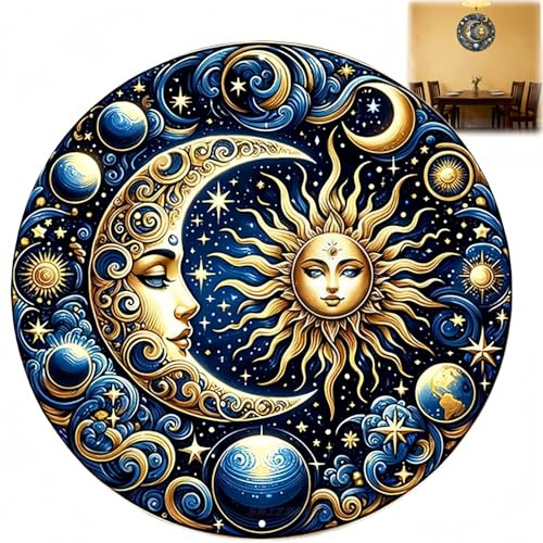 Cel/estial Sun Moon Vintage Round Wall Sign,Cosmic Galaxy Bohemian Vintage Home Decor,Wall Decoration for Living Room,Outdoor Wall Art,Garden Wall Plaques,Indoor Outdoor Gifts and Decor
