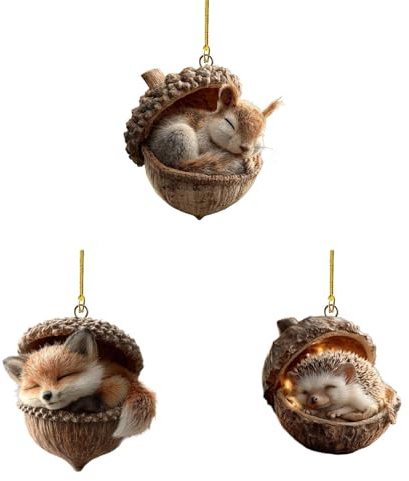 Waldtier Eichels Ornamente,Weihnachtsbaumschmuck Deko,Niedliche Eicheln Und Tannenzapfen Waldtiere Anhänger Deko,2D-Tier-Nuss-Anhänger Weihnachtsbaumschmuck, Für Kaminsims, Fenster (3PCS)