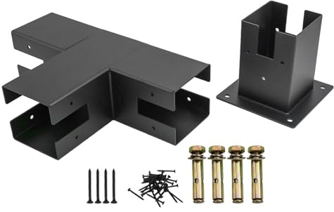 FUBESK Steel Woodwork Pergola Kit Elevated Wood Stand T Bracket Hardware for 4x4 Lumber with Straight and 3-Way Brackets and Screws for Patio Shed Garden Furniture