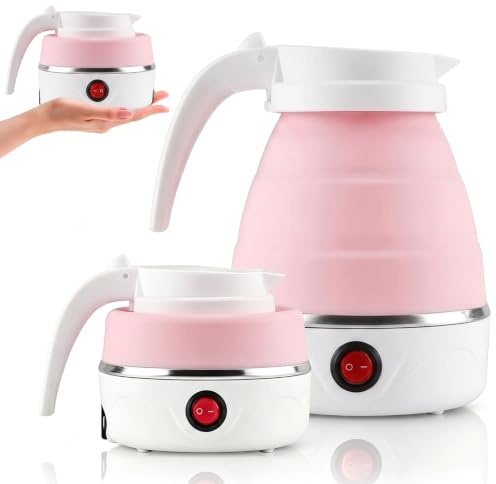 Faltbarer Wasserkessel, 600ml Wasserkocher Faltbarer, Camping Wasserkocher Wasserkessel Tragbarer Mini Wasserkocher Reisewasserkocher Klein Silikon Wässerkessel für Outdoor Wandern Survival (Rosa)