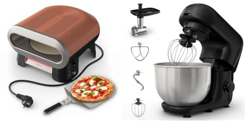 Lot Tefal Pizza Pronto four à pizza extérieur 2600W pierre rotative 400°C cuisson rapide + Moulinex Bake Essential robot pâtissier 4.8L 800W accessoires complets fouet batteur pétrin hachoir noir