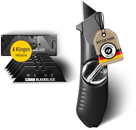 ELITE TWISTER Bodenlegermesser mit BLACKBLADE Klinge, 5 Ersatzklingen | Metallguss-Ausführung, TWIST-LOCK-Verschluss, kompatibel mit Trapez- und Hakenklingen, ergonomischer Griff