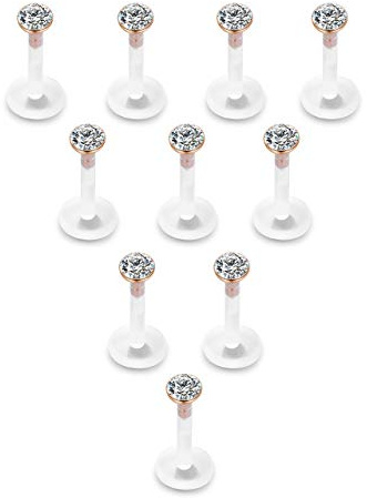PiercingJak 10Pcs Piercing Lèvre Piercing Tragus Cartilage Hélix Nez Labret Acrylique Acier Inoxydable Strass Cristal 3mm Boule Clou d'Oreille Femme Homme Stud Lot Bijoux de Corps(Rose Or)