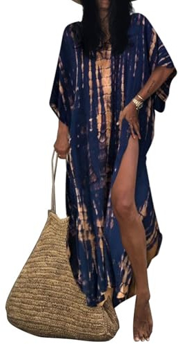 Bsubseach Strandkaftan med tryck för kvinnor, klänning, kortärmad, plusstorlek, baddräkt, överdrag, C-marin, en storlek