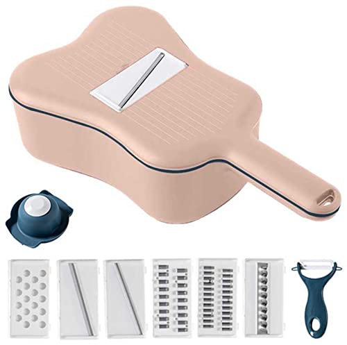 OOFAYWFD Cortador de verdura Food Chopper Slicer, Cortador de Alimentos, Patatas, Frutas y Queso, Cuchillas multifunción, picadora + 6 Accesorios para Cortar Verduras,Rosado