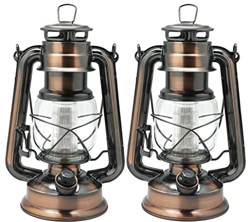 YAKii LED Vintage Lantern Metal Hanging Hurricane 12 LED Dimmer Switch Warm White Battery Operated Power Outage Indoor Camping Lighting Outdoor Brooklyn (Copper 2 Pack)