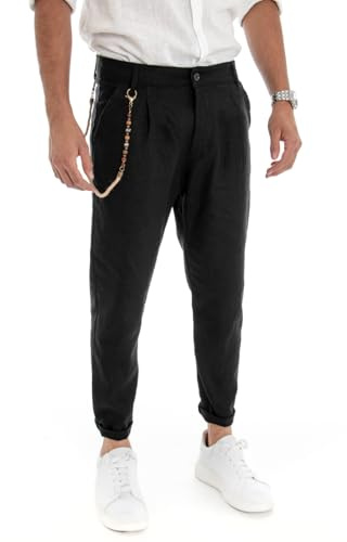 Giosal- Pantalone Elegante Uomo di Lino Tinta Unita con Catena,Modello Tasca America Vari Colori