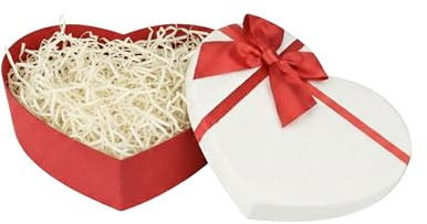 Emartbuy Geschenkschachtel Herz 19 x 17 x 7,5 cm, rot strukturiert mit weißem Deckel, Satinschleife und 50 g Schredderpapier, cremefarben