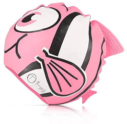 THINGSITY Kids Swim Cap - Comfortable and Durable Waterproof Hat for Long and Short Hair, Non-Slip Lining and Waterproof Design and Protection (Pink Fish)