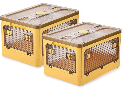 Aimondow 2 Pack Plastic 4 Doors Collapsible Storage Bins with Lid & Wheels, 28 Liters Folding Storage Bins, Stackable Multifunctional Box for Camping Clothes Snack Storage