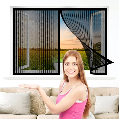 Fliegennetz Fenster Magnet 140 x 270 cm, Insektenschutz Klettband Fliegengitter Fenster mit Klettband, Vollmagnetisch, Schließt Automatisch für Windows/Wohnzimmer Fenstern, Schwarz
