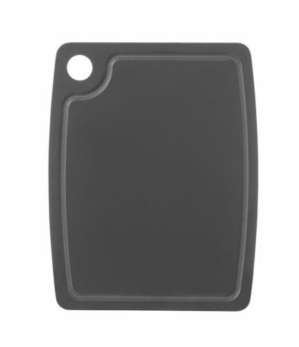 HENDI Planche à découper, avec rainure à jus, trou de suspension et pieds antidérapants, planche de cuisine pour préparer, trancher, découper et servir, 440x325x(H)6mm, fibre de bois composite, noir