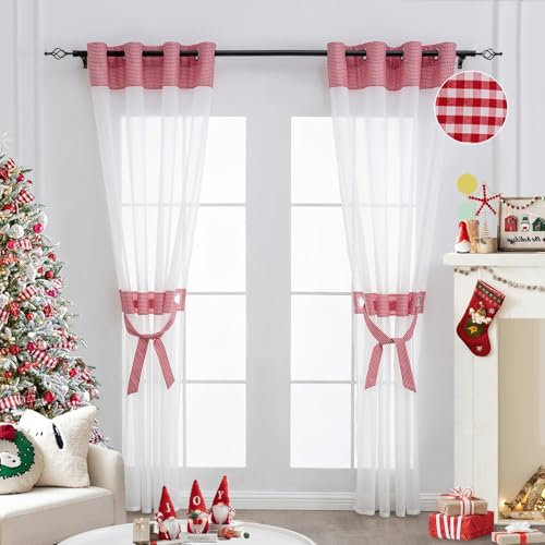 L.Z.E Weihnachten Gardinen Vorhang Wohnzimmer Rot Weiß Karo Muster mit Ösen 2er Set Gardine Vorhänge Transparent Gardinenschals für Schlafzimmer Kinderzimmer Modern Durchsichtig Kariert 225 cm