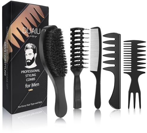 DUAIU Cepillo Barba Naturales, 5pcs Cepillo Pelo, Cepillo Cerdas Jabali para Restaurar El Brillo, Peine Hombre, Peine Pelo Rizado, Peine Antitirones para Cabello Largo y Grueso Ondulado Seco Dañado