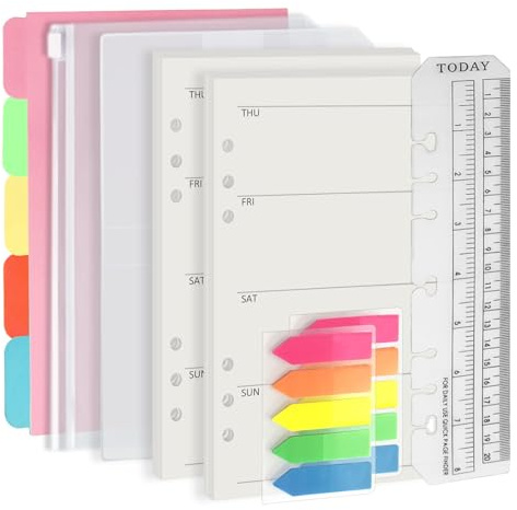 Harphia Set di quaderni formato A5, 6 fori, 90 fogli di carta con adesivi e separatori, inserti per agenda con tasche per quaderni ricaricabili in formato A5, settimana